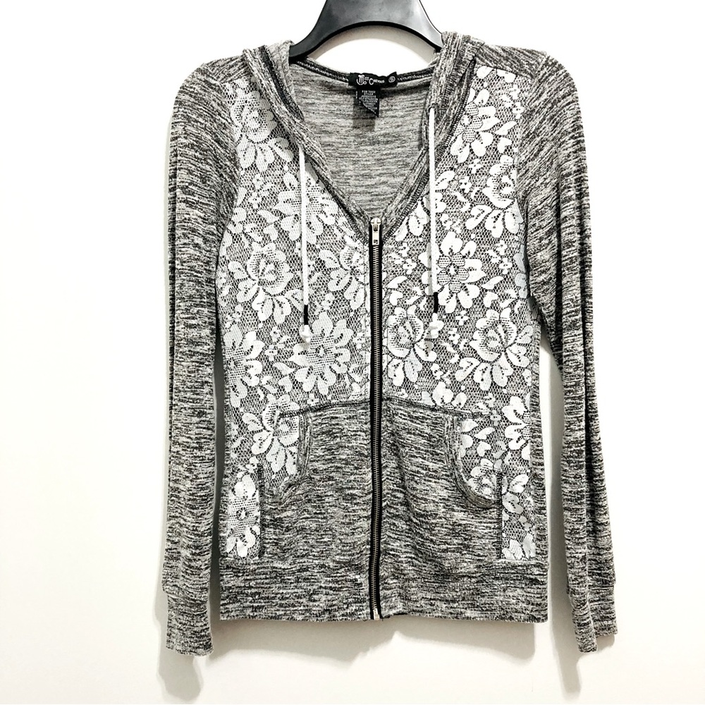 Miss Chievous Women’s Zip Up Lace Crochet Hooded Jacket Floral Design